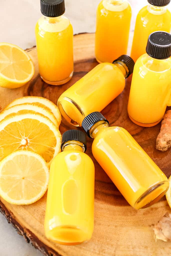 citrus ginger immunity shots in little bottles