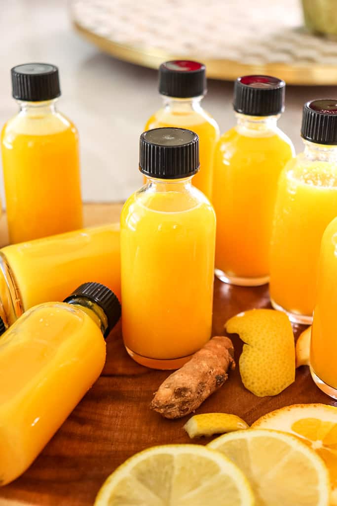 citrus ginger immunity shots in little bottles