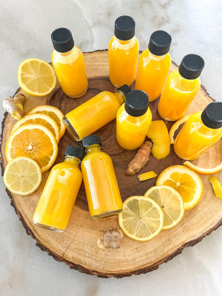 citrus ginger immunity shots in little bottles