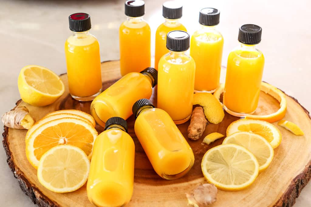 citrus ginger immunity shots in little bottles