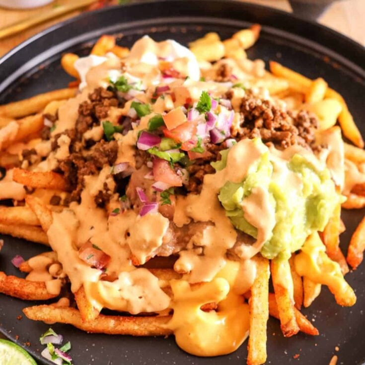 plated fries topped with cheese, ground beef, and guacamole