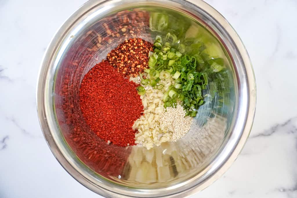 overhead view of ingredients in a bowl