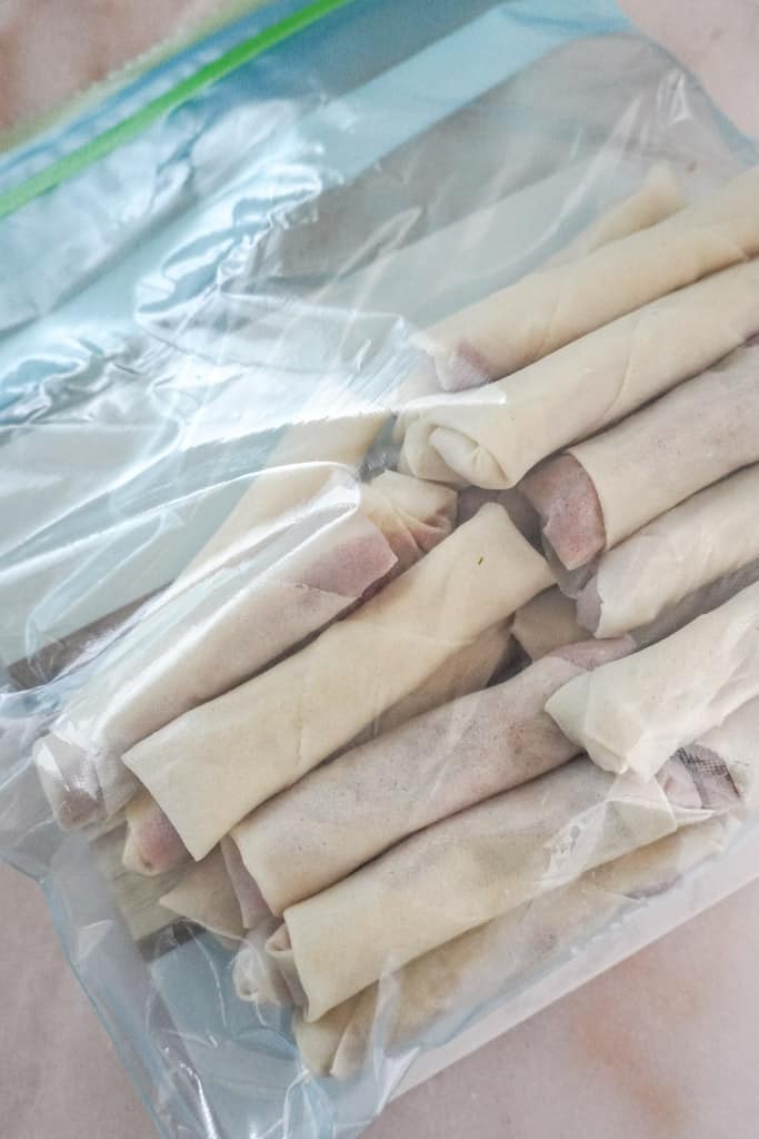 uncooked spring rolls in a freezer bag