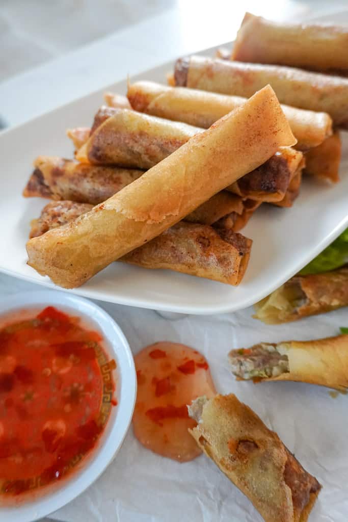 plated spring rolls with dipping sauce