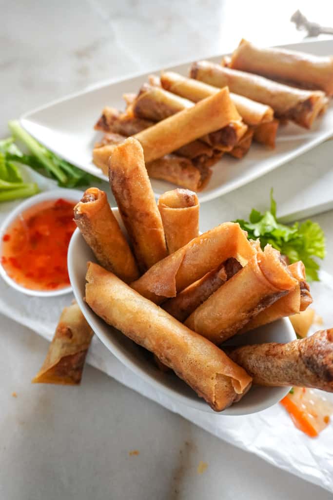 plated spring rolls with dipping sauce