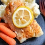 close up view of plated baked cod with mashed potatoes and carrots