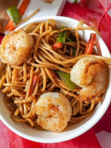 shrimp lo mein in a bowl