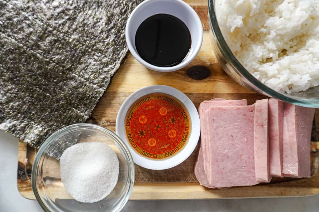 overhead view of spam musubi ingredients