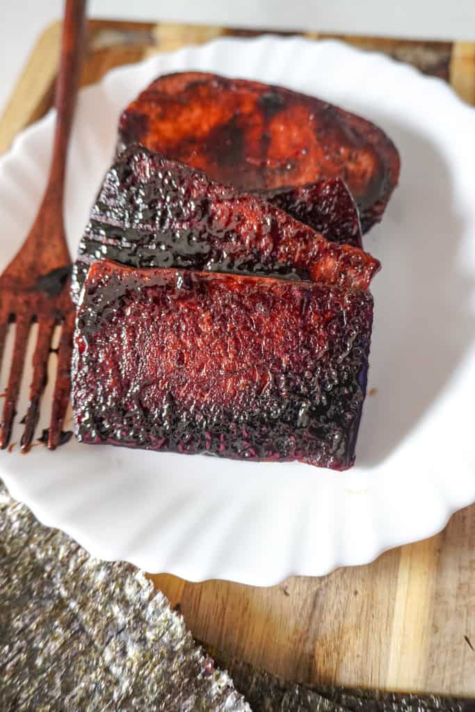 close up view of plated cooked spam