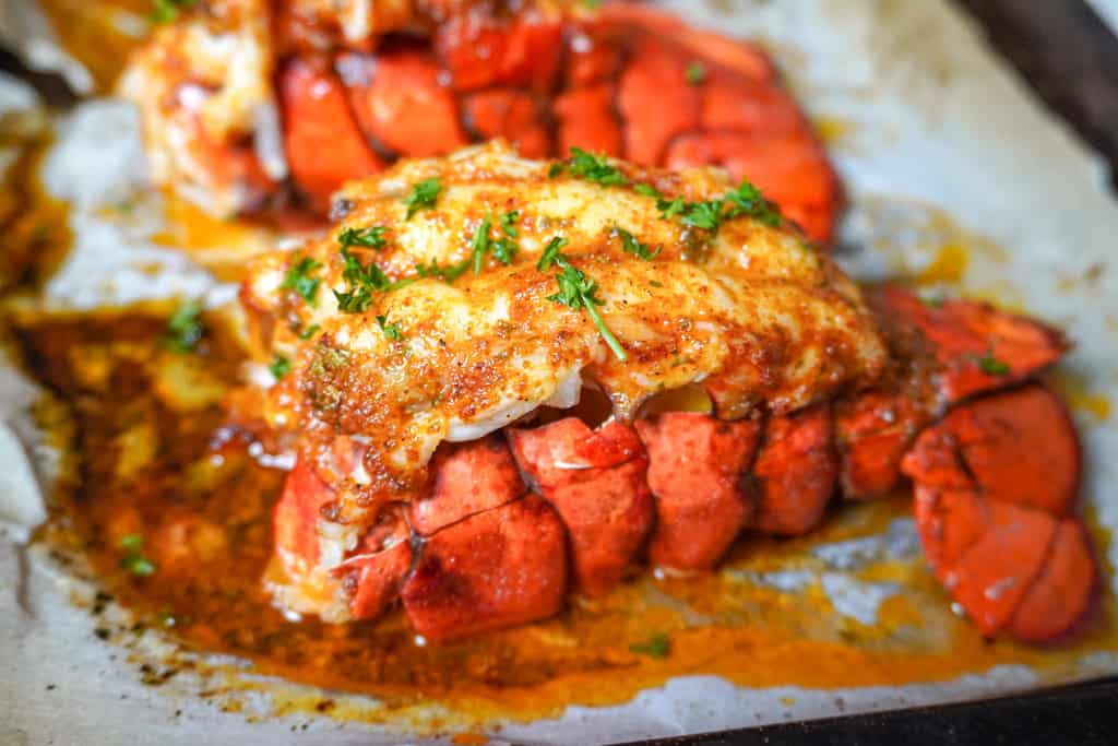 close up view of baked lobster tail