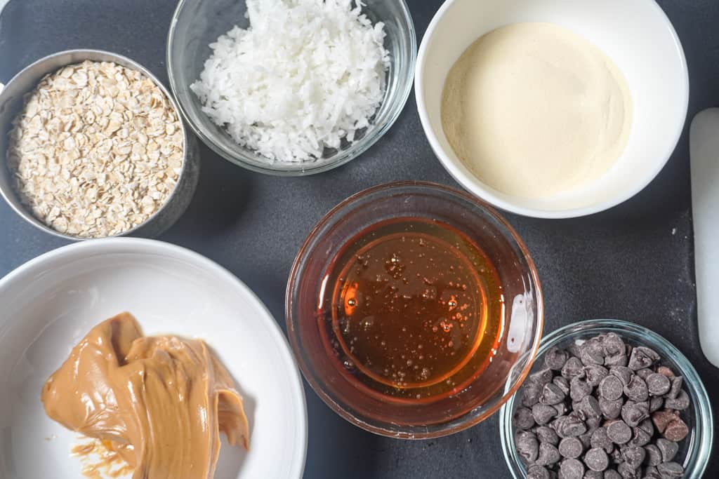 overhead view of ingredients for protein bites