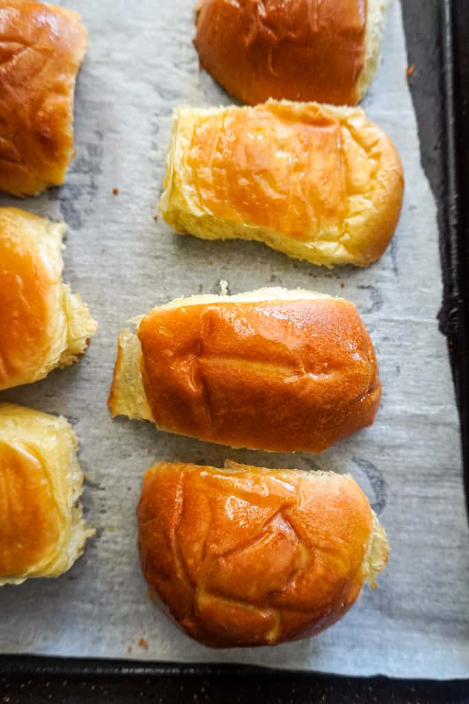 toasted buns on a baking sheet