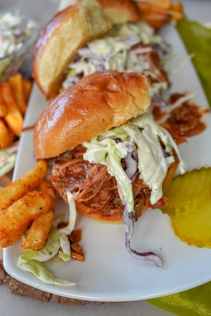 close up view of a plated bbq slider