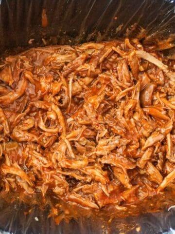 close up view of slow cooker pulled pork