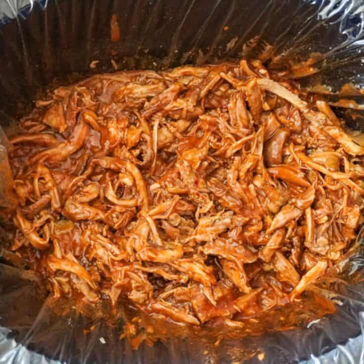 close up view of slow cooker pulled pork