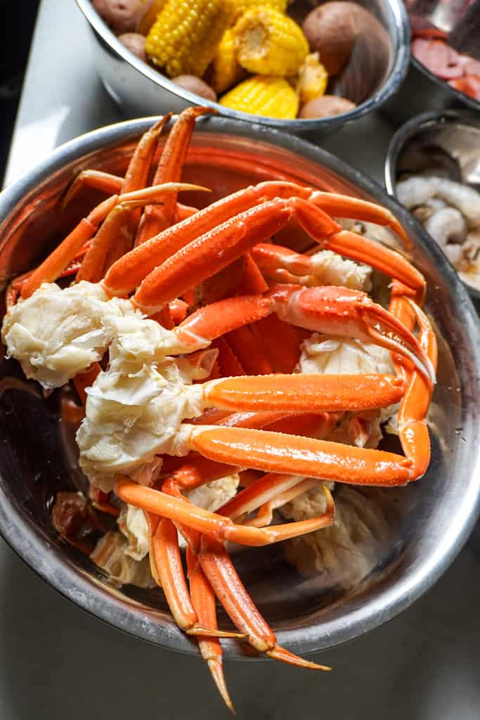 close up view of a bowl of crab legs