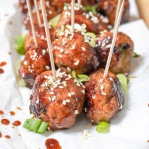 teriyaki chicken meatballs with toothpicks inserted