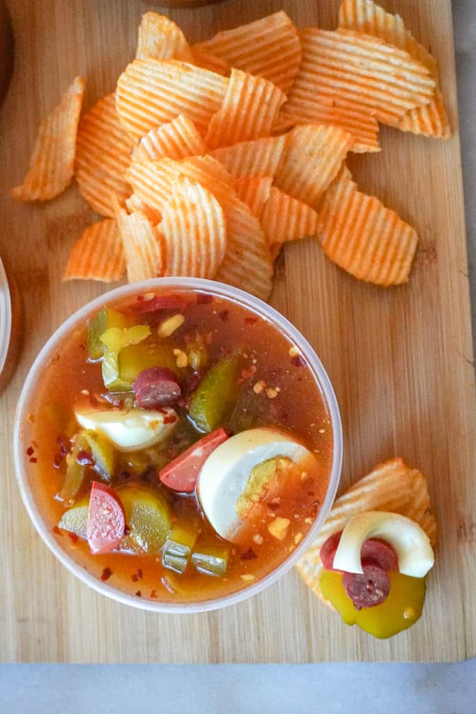 overhead view of a spicy bowl with chips