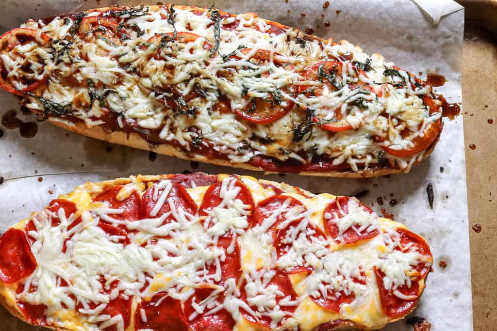 close up view of garlic bread pizzas