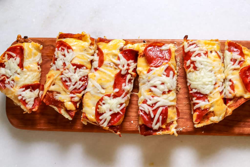 sliced garlic bread pizza with pepperoni