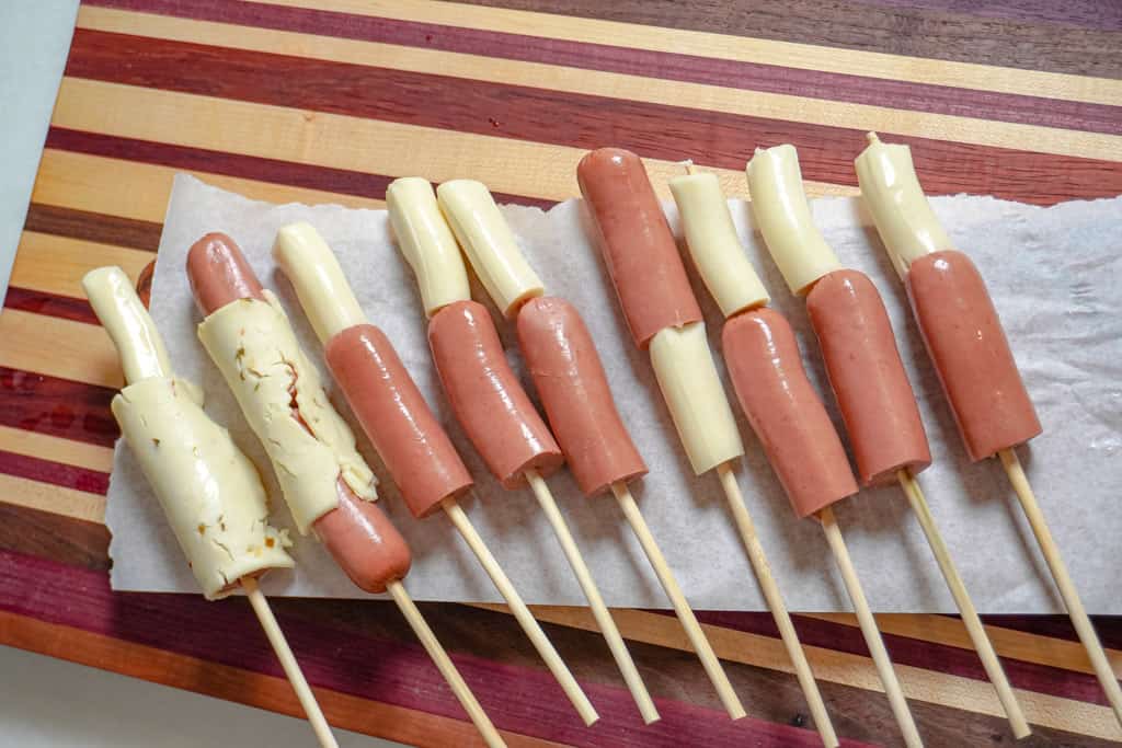 cheese and hot dogs on skewers