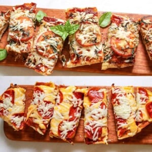 two images of garlic bread pizza: Margherita Pizza and pepperoni pizza on cutting boards