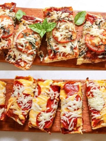 two images of garlic bread pizza: Margherita Pizza and pepperoni pizza on cutting boards