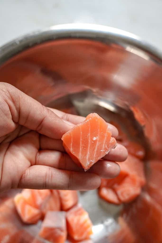 a hand holding a raw chunk of salmon