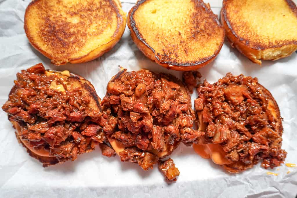 overhead view of open face brisket sandwiches