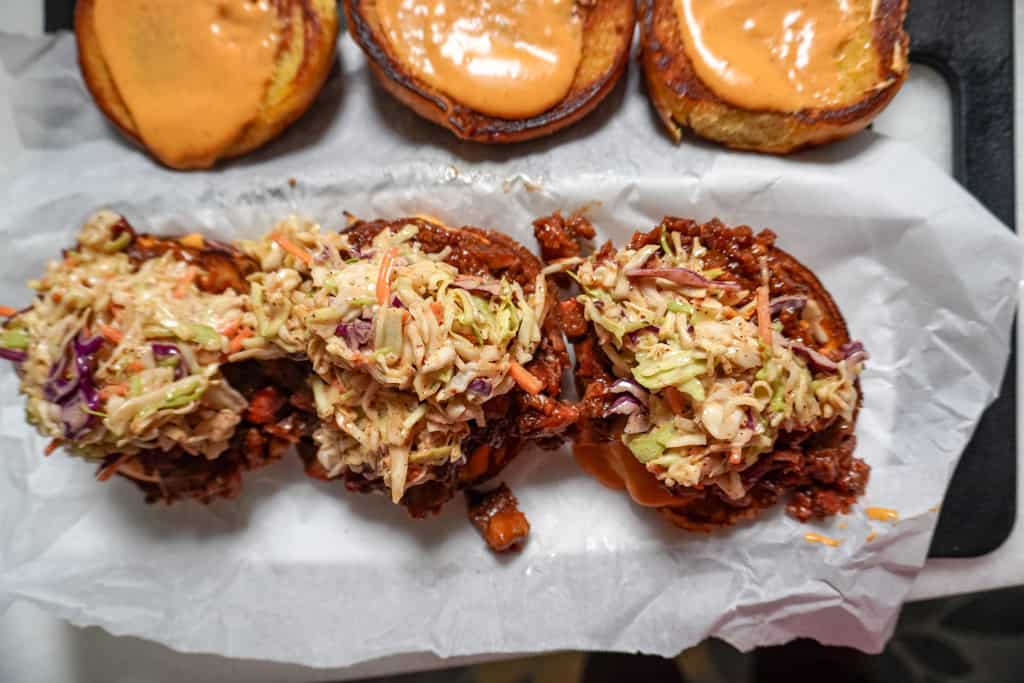 overhead view of open face brisket sandwiches