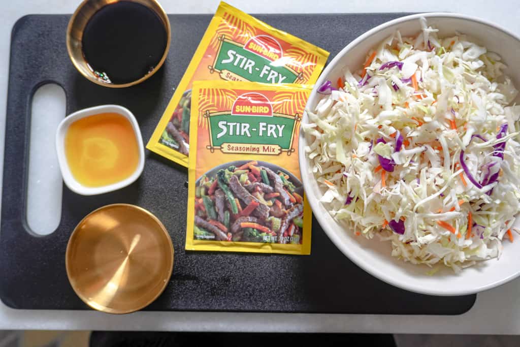 overhead view of ingredients for deconstructed egg roll