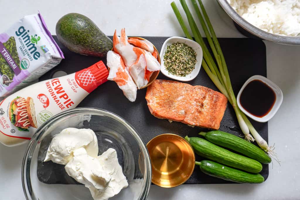 ingredients for crab and salmon sushi bake