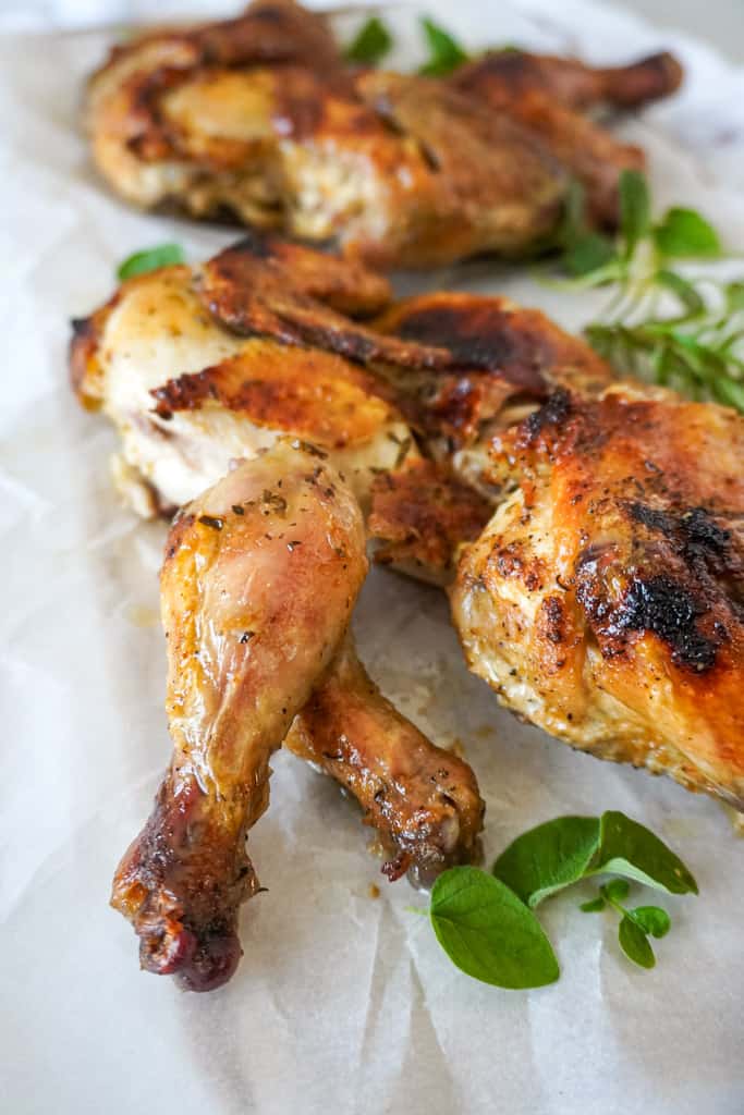 close up view of spatchcock cornish hens