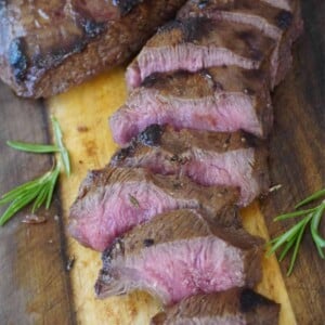 sliced flat iron steak on a cutting board