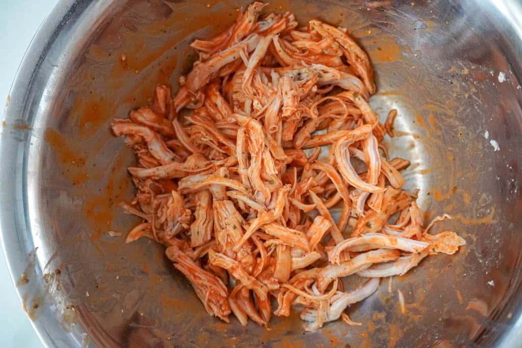 shredded chicken coated with buffalo sauce