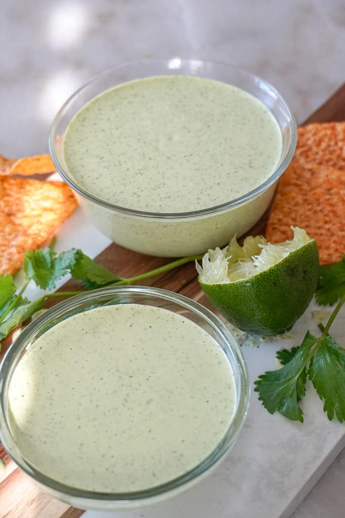 two saucers of jalapeno ranch dressing