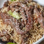 close up view of a bowl of beef ramen