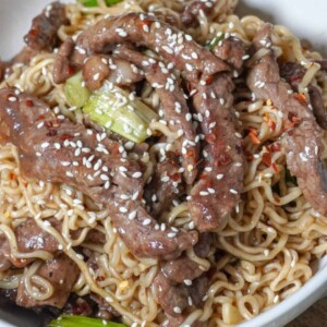 close up view of a bowl of beef ramen