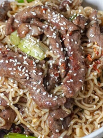 close up view of a bowl of beef ramen