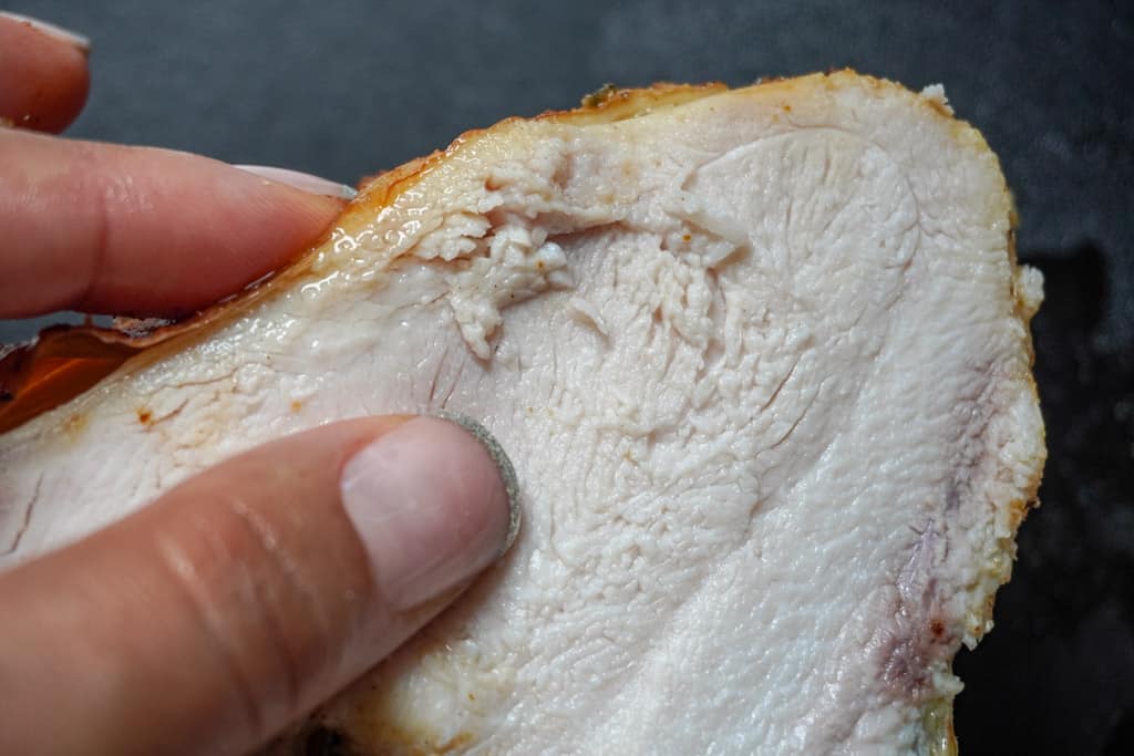 a hand holding a slice of juicy turkey breast