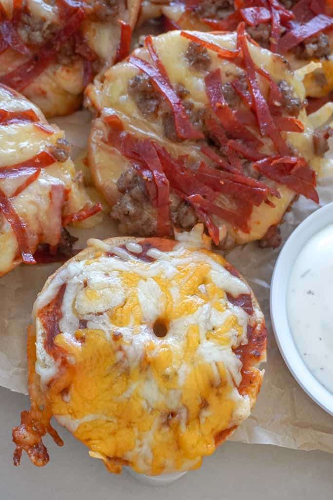 close up view of air fryer bagel bites