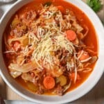 close up view of a bowl of cabbage roll soup