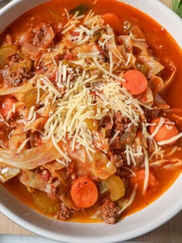 close up view of a bowl of cabbage roll soup