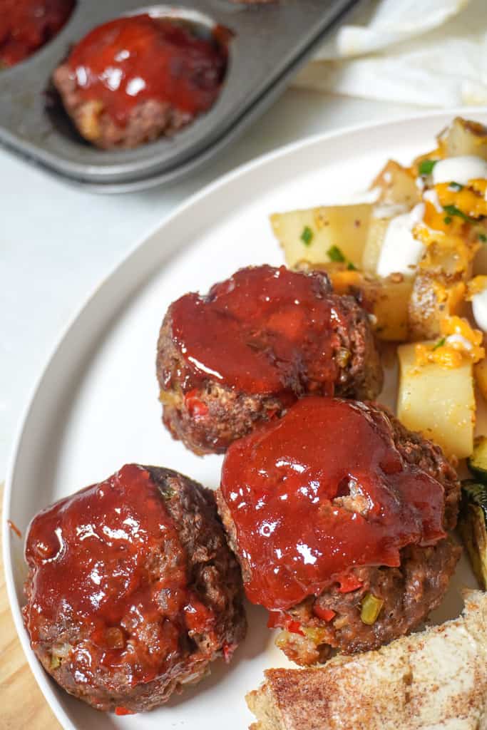 plated mini meatloaf recipe on a plate with potatoes