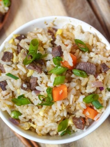 close up view of steak fried rice garnished with green onions