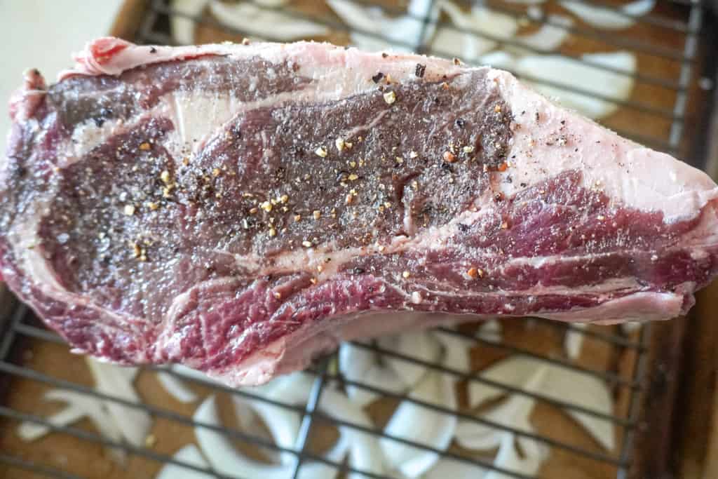 close up view of seasoned ribeye roast