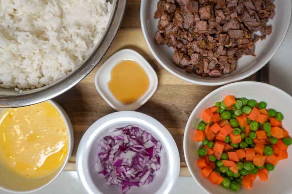 ingredients for fried rice made with leftover steak