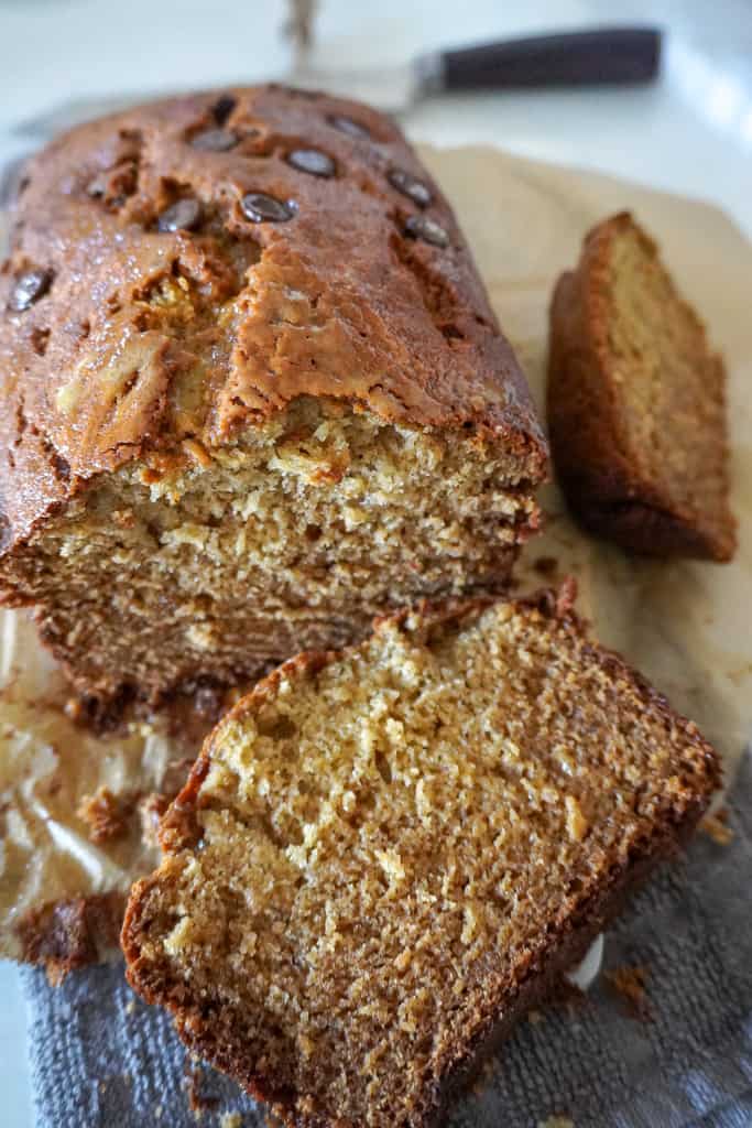 banana bread loaf with two slices removed