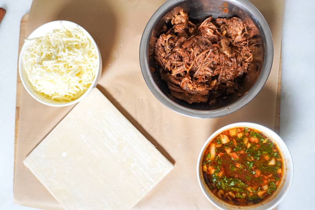 overhead view of birria egg roll ingredients