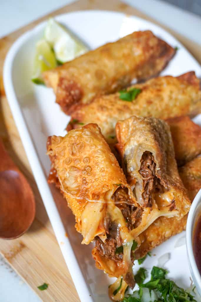 plated birria egg rolls